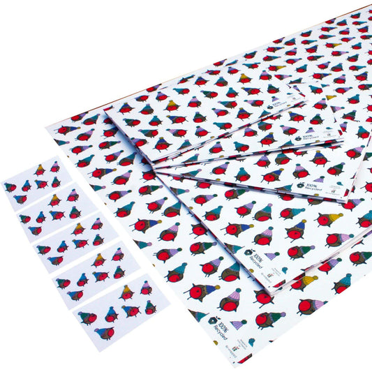 3 Pack Christmas Eco-friendly Wrapping Paper Pack - robins in hats design