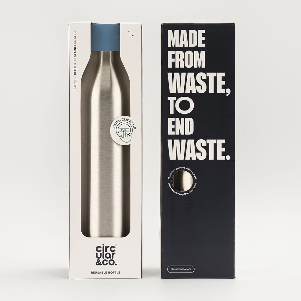 Large 1 Litre Reusable Stainless Steel Bottle - in packaging
