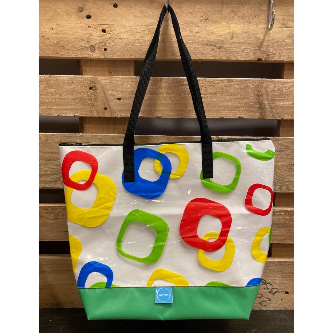 XL tote bag made from salvaged inflatables - green, white and multi shape