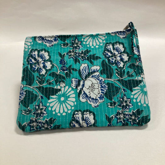 Quilted block print pouch - blue flowers
